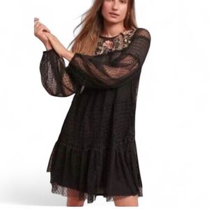 Maeve Black Long Sleeve Dress with Floral Embroidery